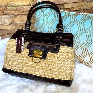 NWT Dana Buchman Straw & Brown Handbag with Gold accents